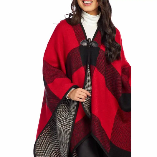 Mud Pie Red Buffalo Check Poncho Wrap - CeCe's Home & Gifts