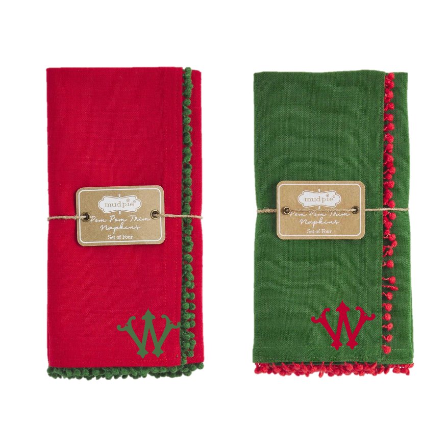 Mud Pie Red & Green Christmas Pom Pom Napkins - Set of 4 - CeCe's Home & Gifts