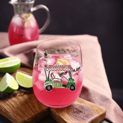 The Queens' Jewels Pink Golf Cart Jeweled Stemless Glass | CeCe's Home & Gifts