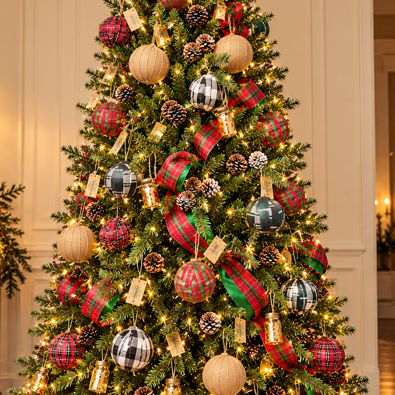 A decorated Christmas tree stands in a warmly lit living room. The tree is covered in green artificial branches, warm white string lights, red and green plaid ribbons, pinecones, and round ornaments in red, green, black, and beige plaid and solid patterns.