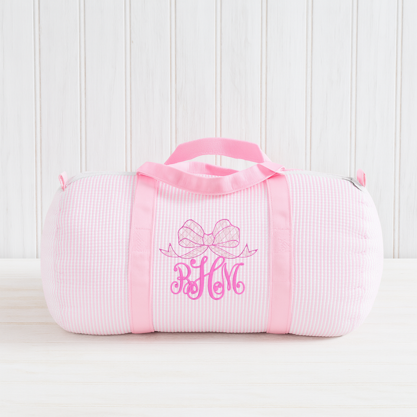 Monogrammed Pink Seersucker Small Duffel