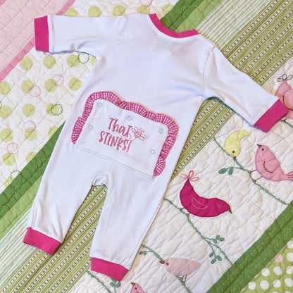 CeCe's Home & Gifts "That Stinks" Baby Girl Ruffle Bottom Romper | CeCe's Home & Gifts