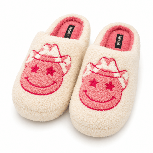 Kensie Women's Fluffy "Cowboy Smiley Face" Slippers | CeCe's Home & Gifts