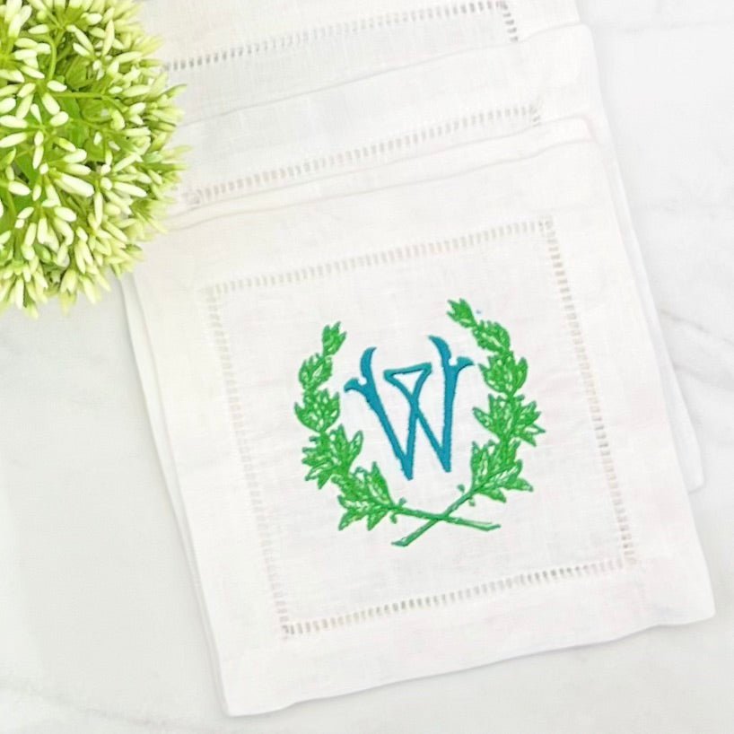 Wreath Monogram Linen Cocktail Napkin - CeCe's Home & Gifts