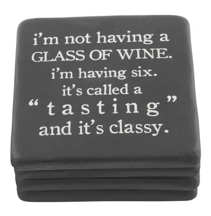 Mud Pie Tasting Funny Wine Stoneware Coasters - Set of 4.